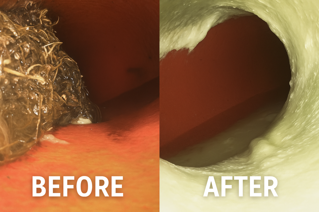 Technician installing a top hat liner at a city sewer saddle connection during trenchless sewer repair to seal the lateral to main connection