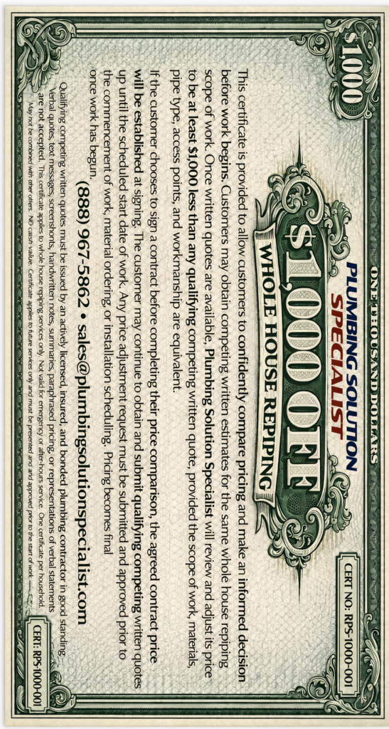 Cost to repipe a house with $1,000 price match guarantee for whole house plumbing repipe