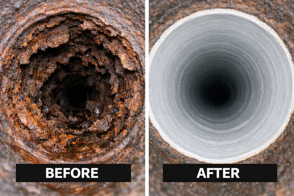 Before and after sewer liner installation showing corroded cast iron drain pipe restored with a smooth cured in place liner